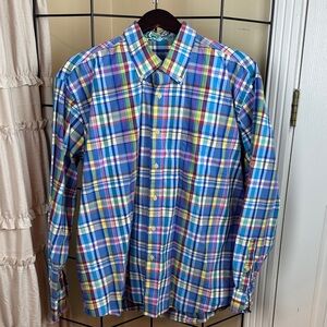 Alan Flusser Blue Plaid Button Down Shirt Size XL
